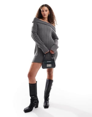 Emory Park chunky cable knit off-shoulder knitted mini dress in charcoal