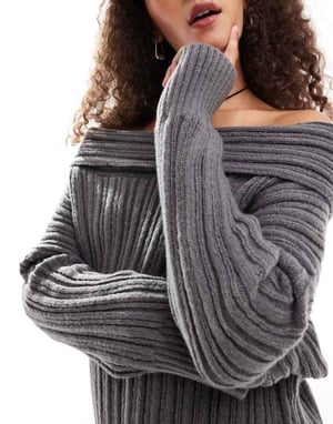 Emory Park chunky cable knit off-shoulder knitted mini dress in charcoal