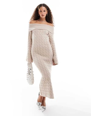 Emory Park cable knit off-shoulder chunky knitted dress in oatmeal