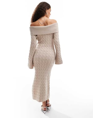 Emory Park cable knit off-shoulder chunky knitted dress in oatmeal