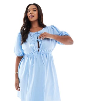 Esmee Curve Exclusive tie front puff sleeve mini beach dress in dusty blue