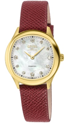 Gevril Women's Morcote Swiss Diamond Watch, 316L SS/IPYG Case, White MOP, Red Handmade Italian Leather Strap