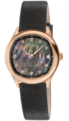Gevril Women's Morcote Swiss Diamond Watch, 316L SS/IPRG Case, Black MOP, Black Handmade Italian Leather Strap