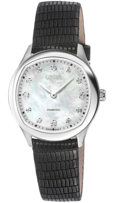Gevril Women's Morcote Swiss Diamond Watch, 316L SS Case, White MOP, Black Handmade Italian Leather Strap