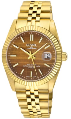 Gevril Men's Automatic West Village 316L Stainless Steel IPYG Case, Brown Tiger Eye Dial 316L Stainless Steel IPYG Bracelet.