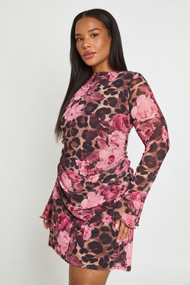 Plus Leopard Floral Ruched Mini Shift Dress