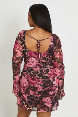 Plus Leopard Floral Ruched Mini Shift Dress