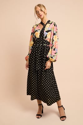Print Mix Long Sleeve Tie Detail Maxi Dress