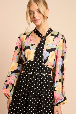 Print Mix Long Sleeve Tie Detail Maxi Dress
