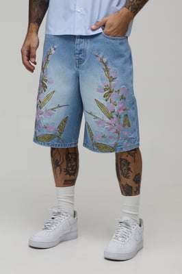 Baggy Rigid Floral Embroidered Denim Shorts