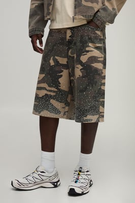 Camo Washed Relaxed Fit Rhinestone Co-Ord Jorts