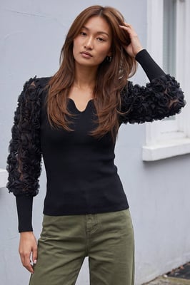 Lace Sleeve V-Neck Knit Top