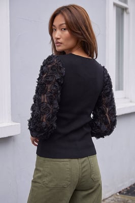 Lace Sleeve V-Neck Knit Top