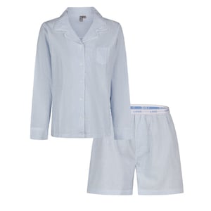 By Louise Dames pyjama set shortama blouse lange mouw lichtblauw gestreept seersucker