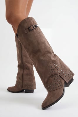 Faux Suede Fold Over Stud Detail Western Boots