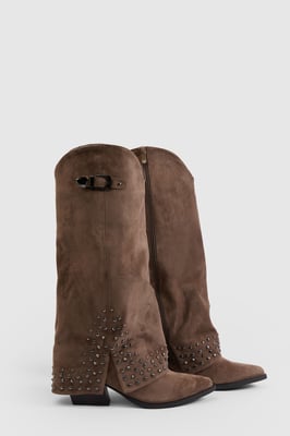 Faux Suede Fold Over Stud Detail Western Boots