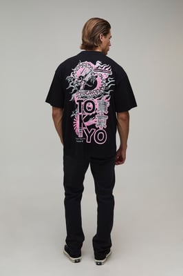 Black Oversized Dragon Puff Print T-Shirt