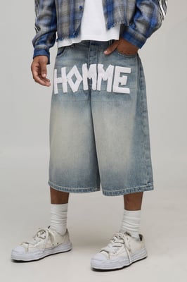 Tape Effect Crotch Print Longline Denim Jorts