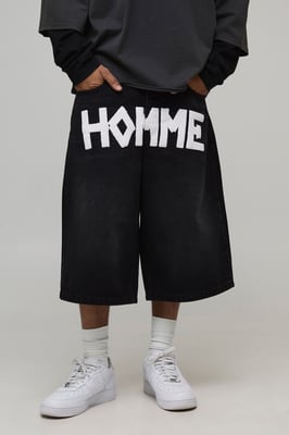 Tape Effect Crotch Print Longline Denim Jorts