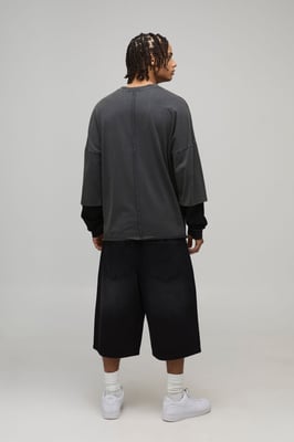 Tape Effect Crotch Print Longline Denim Jorts