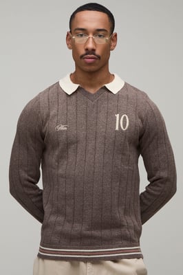 Regular Fit V Neck Ribbed Knitted Polo