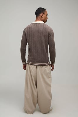 Regular Fit V Neck Ribbed Knitted Polo