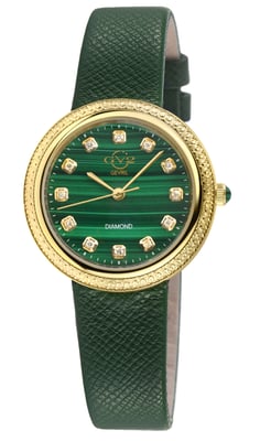 GV2 Arezzo Women's Diamond Watch,IPYG Case, Malachite Dial, Genuine Italian Handmade Green Leather Strap