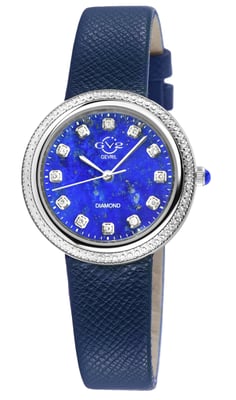 GV2 Arezzo Women's Diamond Watch,SS Case, Blue Dial, Genuine Italian Handmade Blue Leather Strap