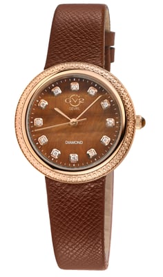 GV2 Arezzo Women's Diamond Watch, IPRG Case, Tiger Eye Dial, Genuine Italian Handmade Brown Leather Strap