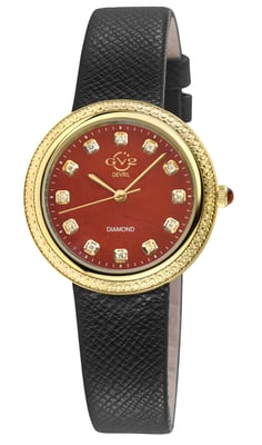 GV2 Arezzo Women's Diamond Watch, IPYG Case, Red Jasper Dial, Genuine Italian Handmade Red Jasper Leather Strap