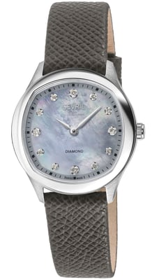 Gevril Women's Morcote Swiss Diamond Watch, 316L SS Case, Grey MOP, Grey Handmade Italian Leather Strap