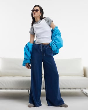 River Island Womens Wide Leg Jeans Blue High Waisted Drawstring