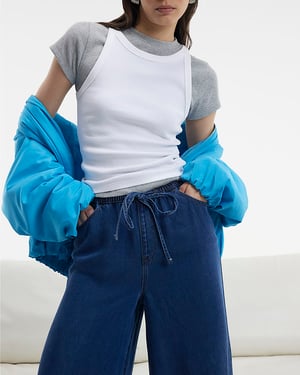 River Island Womens Wide Leg Jeans Blue High Waisted Drawstring