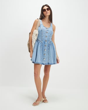 River Island Womens Mini Dress Blue Denim Button Front Sleeveless