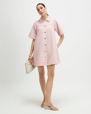 River Island Womens Dress Pink Button Through Denim Short Sleeve