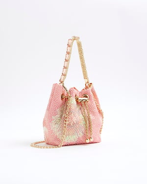 River Island Womens Bucket Bag Pink Floral Embellished Drawstring