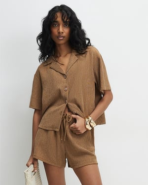 River Island Womens Shirt Beige Short Sleeve Textured Button