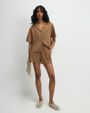 River Island Womens Shirt Beige Short Sleeve Textured Button