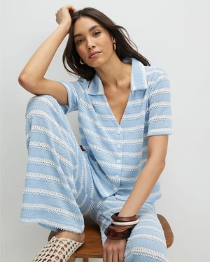 River Island Womens Shirt Blue Short Sleeve Striped Crochet