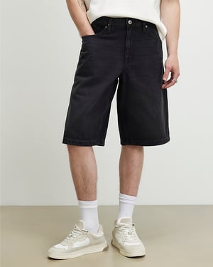 River Island Mens Denim Jorts Black Washed Button Zip