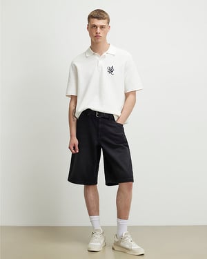 River Island Mens Denim Jorts Black Washed Button Zip