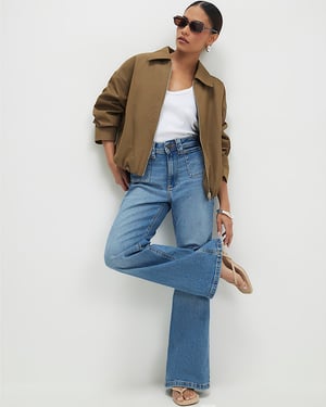 River Island Womens Flared Jeans Petite Blue Relaxed Zip