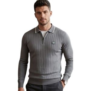 Cappuccino Mens Polo Shirts Ribbed Knit Tipped Long Sleeve 1/4 Golf Polo Tee