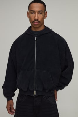 Oversized Boxy Drop Shoulder Loopback Wash Zip Through Hoodie