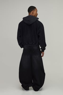 Oversized Boxy Drop Shoulder Loopback Wash Zip Through Hoodie