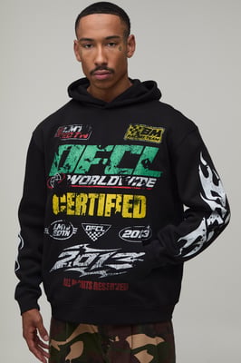Black Oversized Moto Print Hoodie
