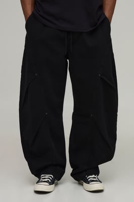 Elasticated Waist Balloon Fit Double Leg Pleat Detail Twill Trousers
