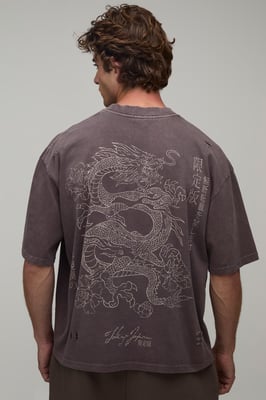 Washed Chocolate Oversized Boxy Dragon Print Distressed T-Shirt