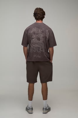 Washed Chocolate Oversized Boxy Dragon Print Distressed T-Shirt