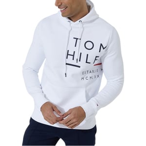 Tommy Hilfiger Mens Fleece Hoodie Wraparound Logo Pullover Hooded Crew Neck Top